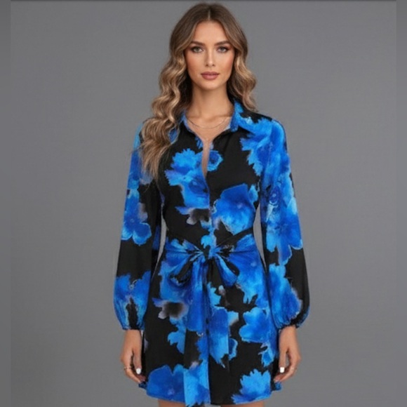 Blue Blossom-Patterned Lantern Sleeve Shirt Dress with Front Tie - Picture 1 of 6
